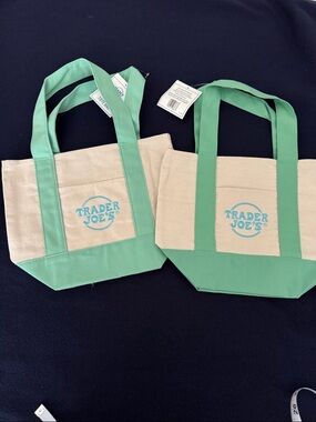 Trader Joe's Natural Canvas Tote with Mint Green Trim. Set of 2. NEW